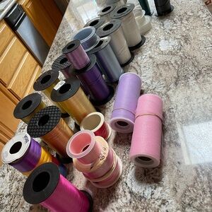 Mixed Ribbon Spools in Pink, Purple, Gold & Silver and other colors.